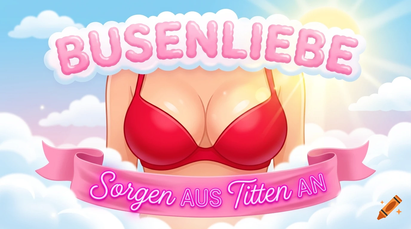 A cartoon illustration of a woman in a red bra against a sky with clouds and sun, featuring text reading BUSENLIEBE and Sorgen AUS Titten AN.