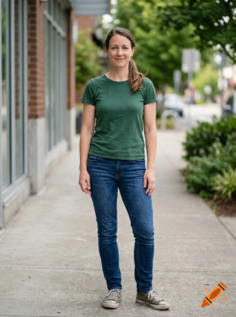 A full-body photograph of a Caucasian woman with brown hair in a ponytail, wearing a green t-shirt and jeans on a city sidewalk.