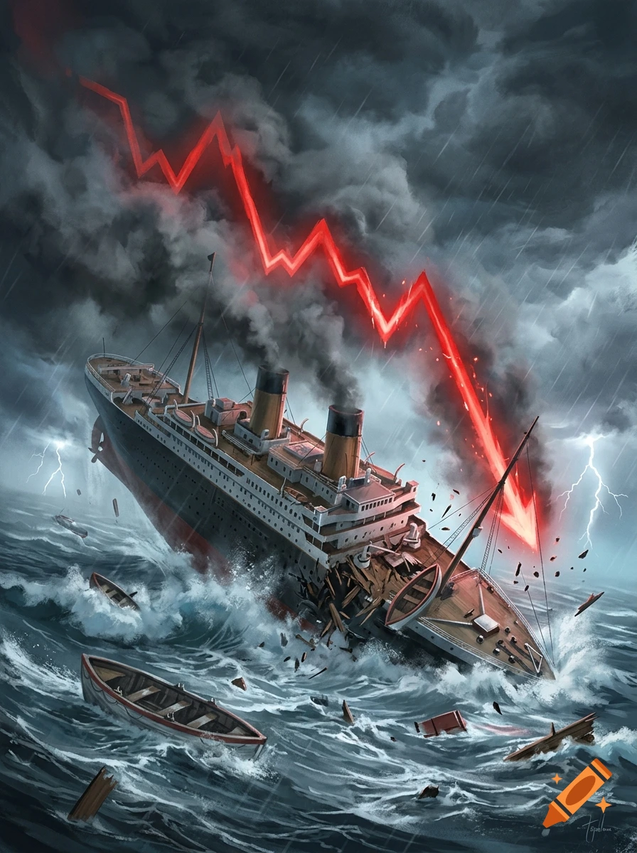An ocean liner is sinking in stormy seas under dark clouds, with a glowing red downward-pointing stock chart arrow superimposed across the sky.
