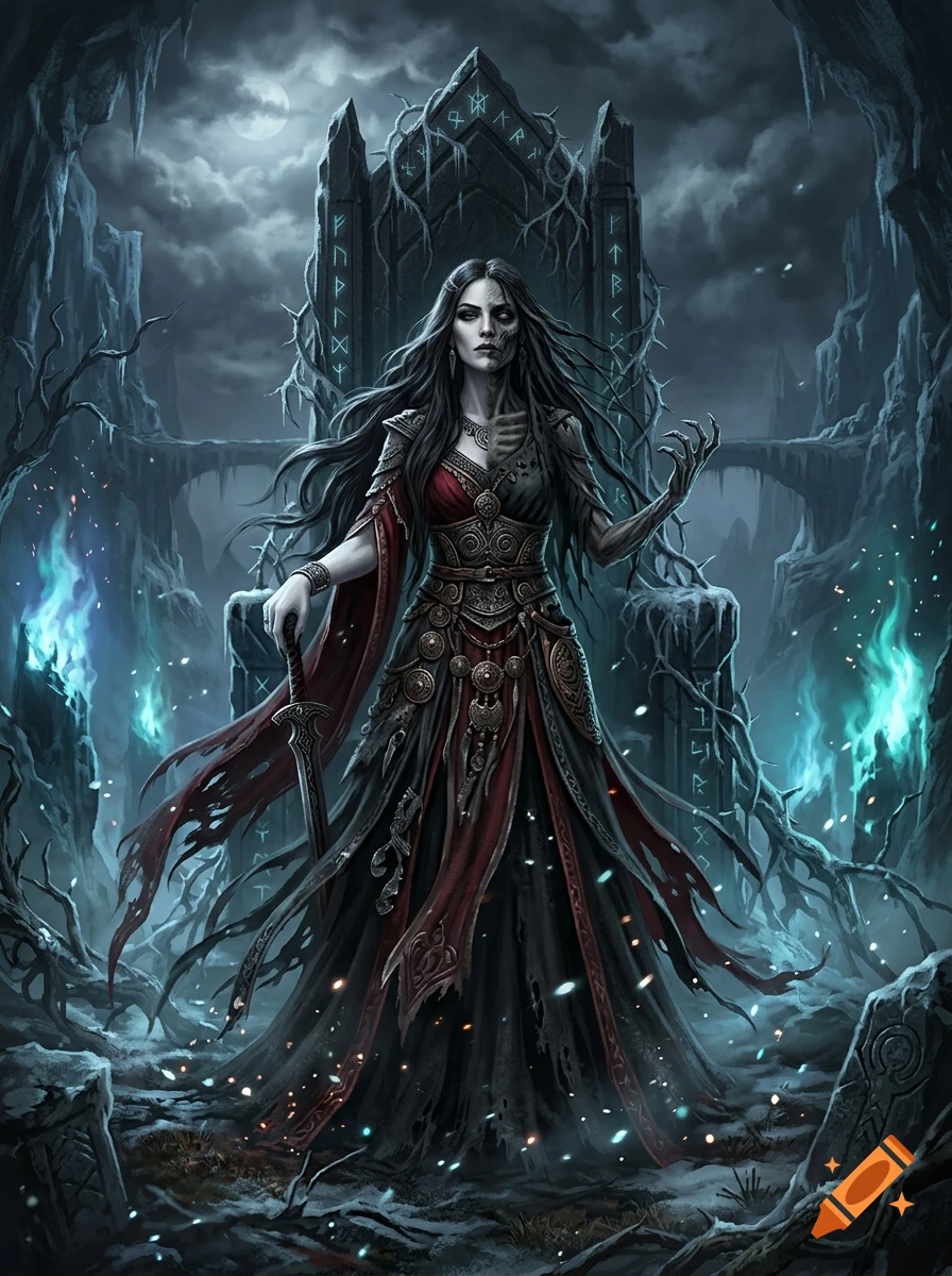 Digital illustration of a powerful Norse goddess with half-skeletal face standing before a runic throne in a dark, icy cavern.