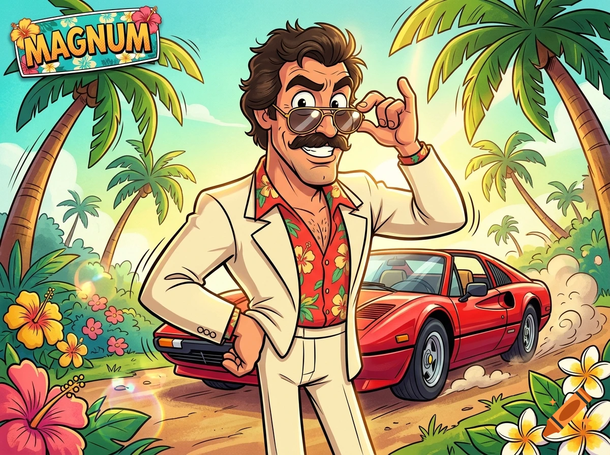 Animated illustration of a man with a mustache in a white suit and floral shirt, adjusting his sunglasses in front of a red sports car and tropical palm trees.