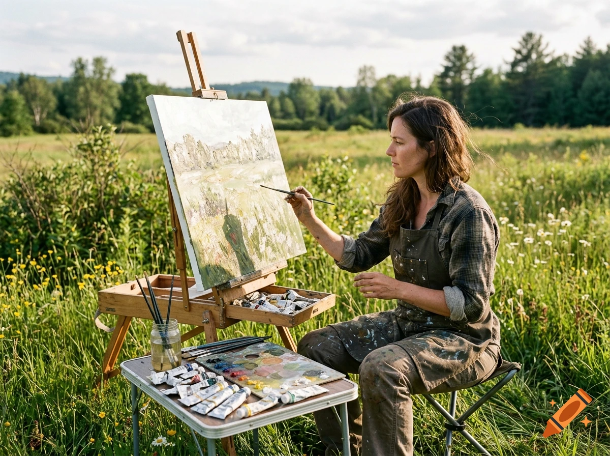 A brunette female painter working on a canvas in a vibrant meadow during afternoon hours, photorealistic style.