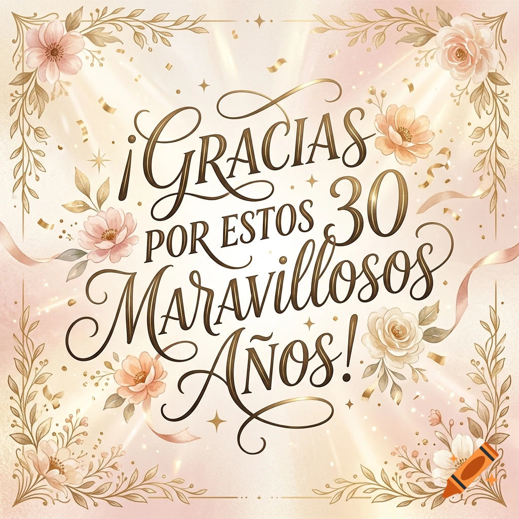 Digital illustration with floral borders and gold calligraphy reading ¡Gracias por estos 30 maravillosos años!