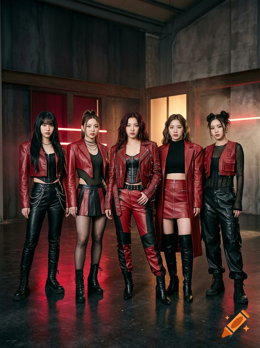 Photorealistic image of a five-member K-pop girl group posing in a dark industrial studio wearing red leather outfits.