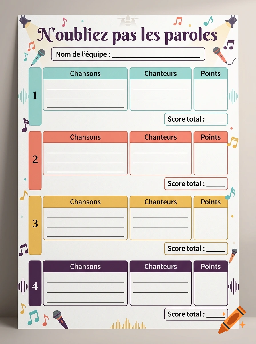 A colorful game score sheet template with French text, musical notes, and microphone illustrations.