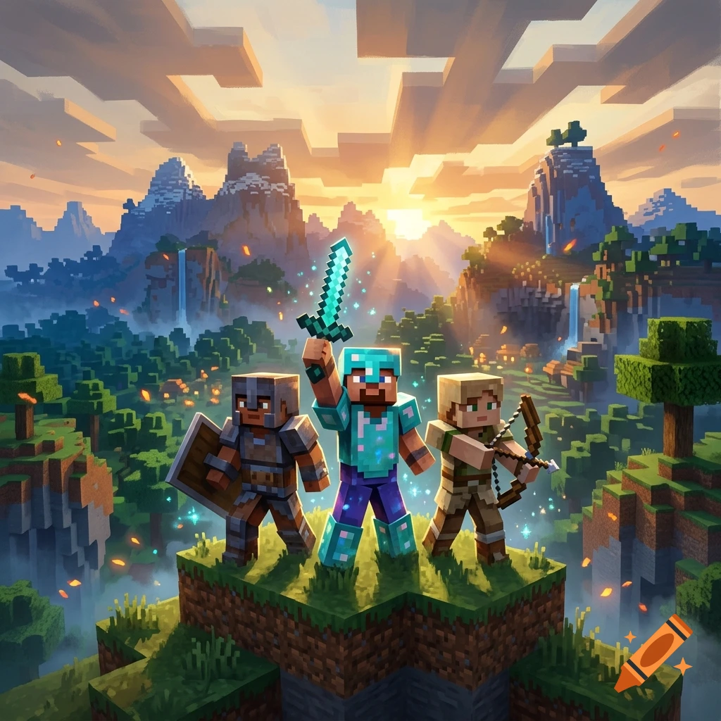 Digital illustration of three Minecraft heroes standing on a grassy block platform holding a sword, shield, and bow at sunset.