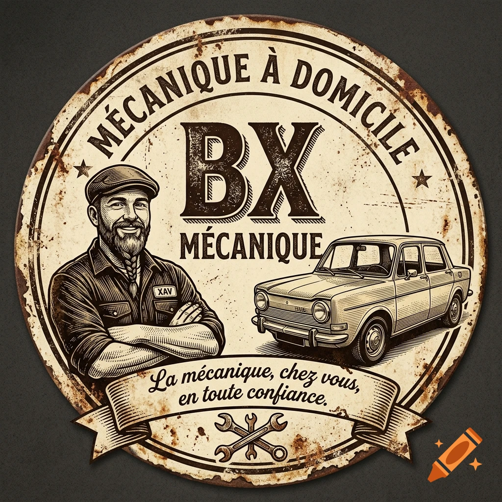 Vintage circular garage emblem with a bearded mechanic, a Simca 1000 sedan, and French text in a woodcut engraving style.