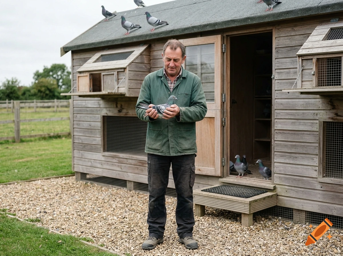 Photorealistic image of a man holding a pigeon in front of a wooden pigeon loft with multiple pigeons on the roof.
