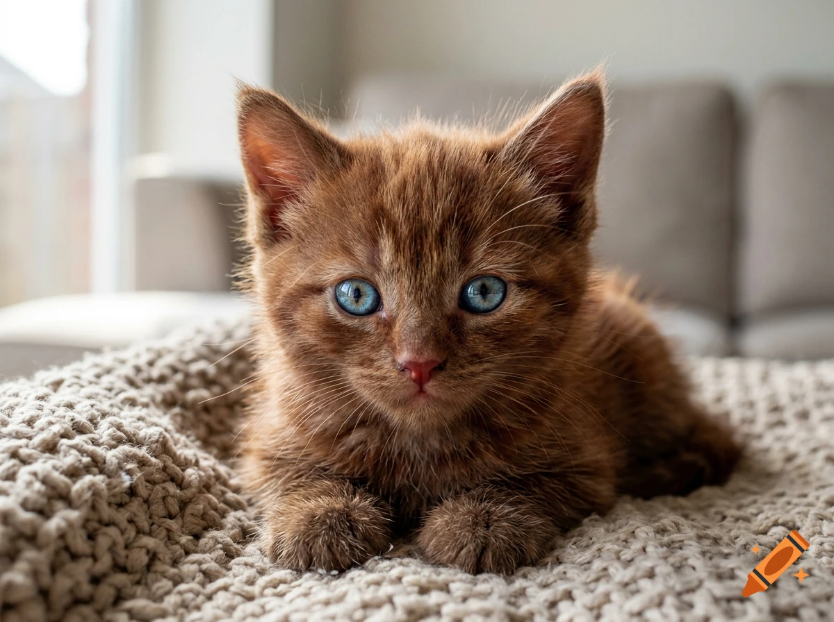 A fluffy ginger kitten with bright blue eyes lying on a textured knitted blanket.