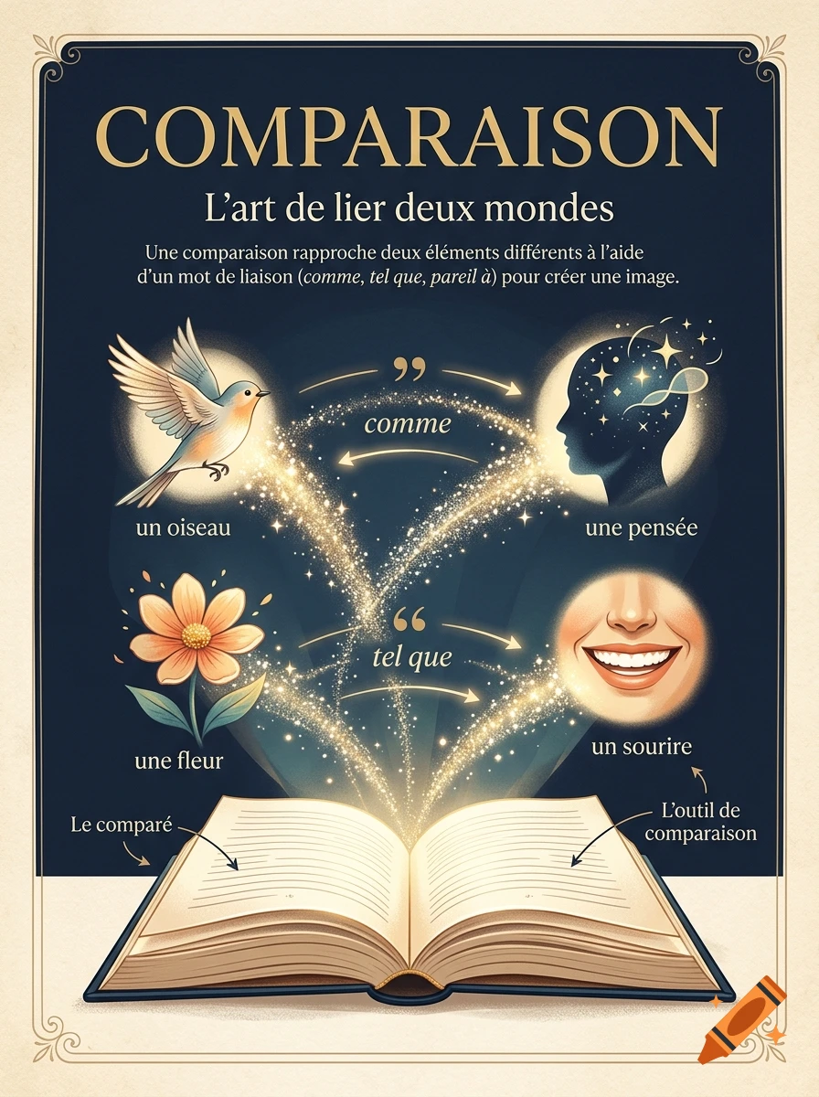 Educational poster in French about the stylistic figure of comparison, featuring illustrations of a bird, flower, thought, and smile emerging from an open book.