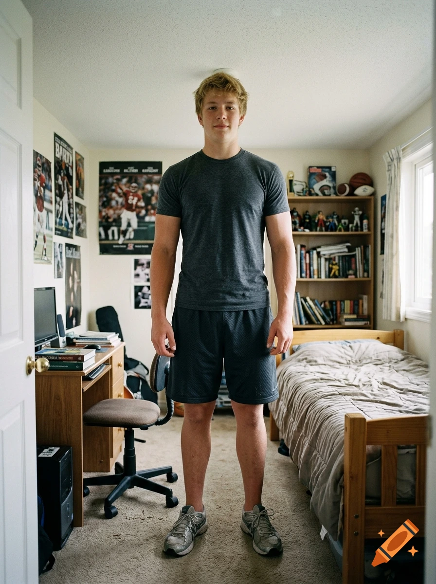 Photorealistic portrait of a tall teenage boy standing in his cluttered bedroom.
