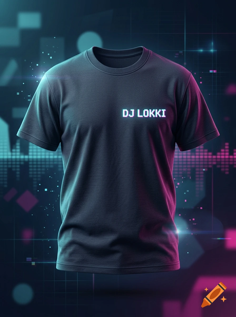 A dark t-shirt with the text DJ LOKKI on the chest, displayed against a digital techno background.