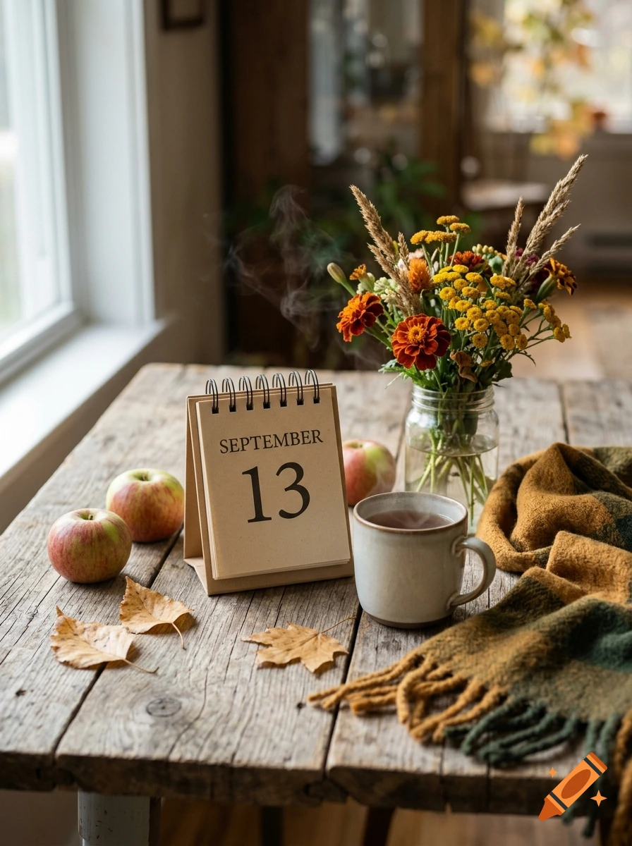 Photorealistic autumn still life featuring a desk calendar showing September 13, a vase of wildflowers, apples, and a knitted blanket.