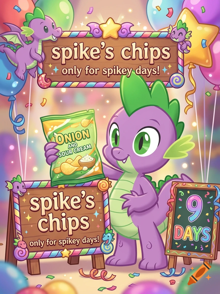 Spike the dragon from My Little Pony holding a bag of onion and sour cream chips surrounded by signs and balloons in a festive style.