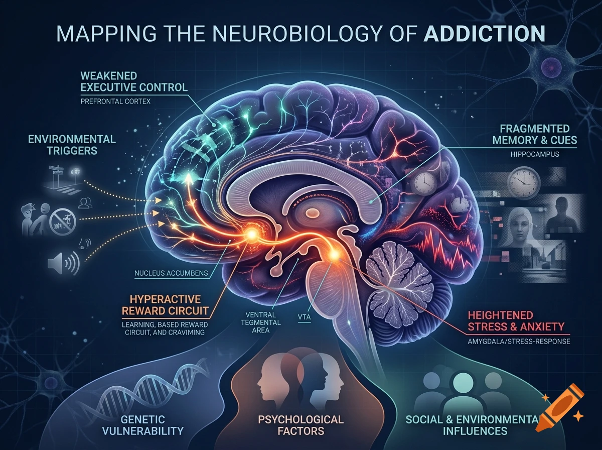 An educational infographic mapping the neurobiology of addiction with a detailed cross-section of a human brain and descriptive labels.