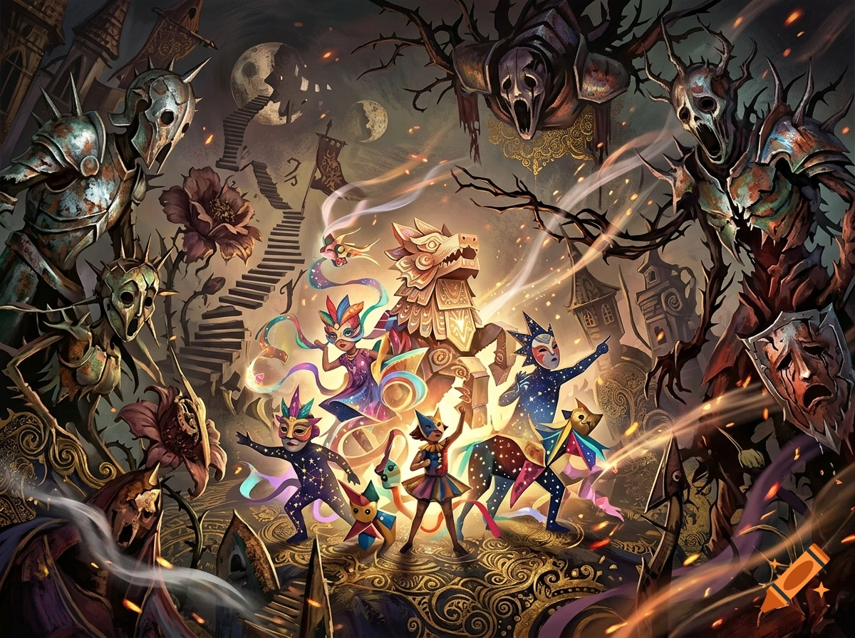 Surreal fantasy illustration featuring children in masks and fantastical creatures battling dark, nightmarish figures in an ornate, dreamlike setting.