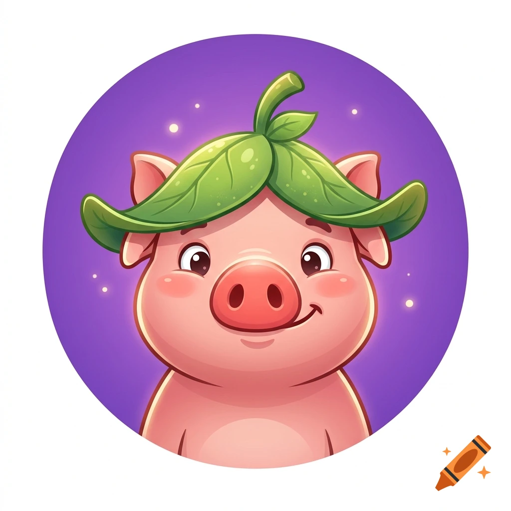 A cute cartoon pig wearing a green leaf hat against a purple circular background with small glowing lights.