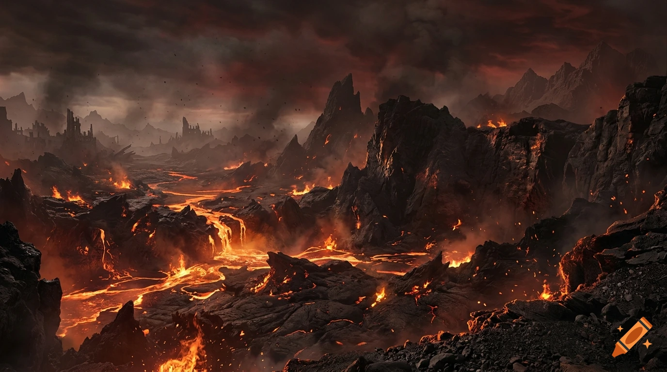 Panoramic view of a dark volcanic landscape with glowing lava rivers, jagged mountains, and a fiery, smoke-filled sky.