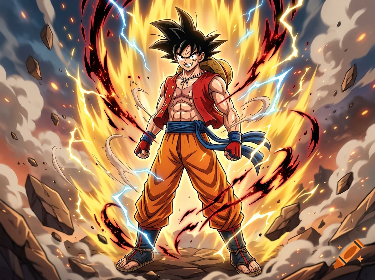 An anime illustration of a fusion between Goku and Luffy, showing a character with spiky black hair, a straw hat, a red vest, and orange pants, surrounded by golden energy auras and lightning.