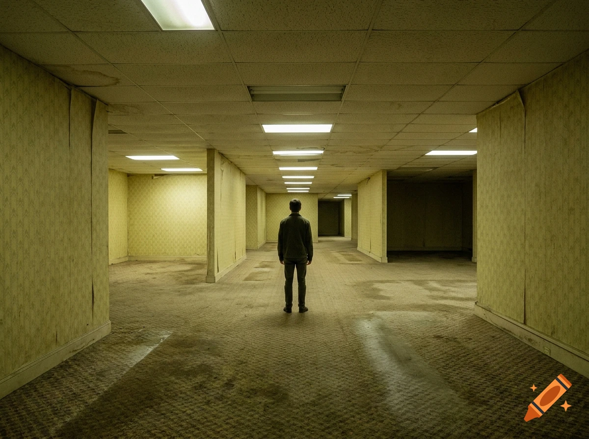 A person stands in the center of a vast, empty room with yellow wallpaper, fluorescent lights, and carpeted floors, in a photorealistic backrooms setting.
