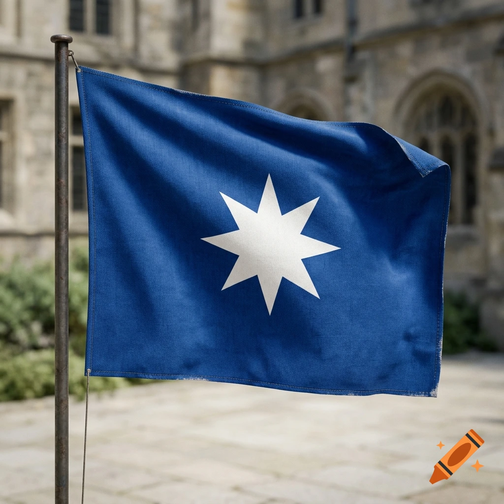 Blue flag with a white eight-pointed star in the center, mounted on a flagpole in front of a stone building.