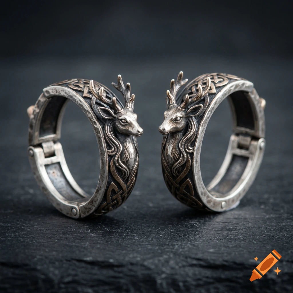 Close-up photorealistic shot of two silver and bronze viking ear cuffs featuring intricate deer and antler designs, resting on a dark slate surface.