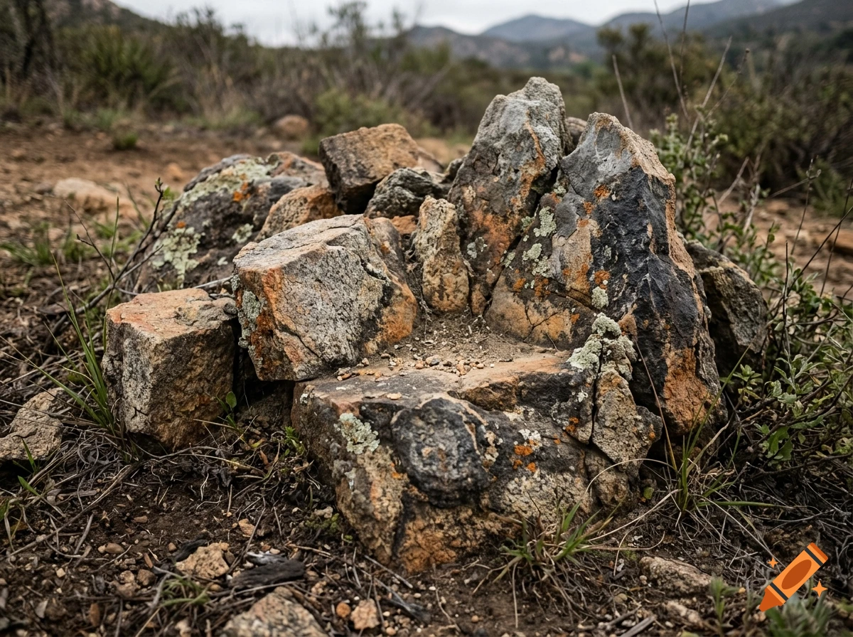 Photorealistic image of a cluster of weathered rocks and stones with lichen, set in a dry landscape with sparse vegetation.