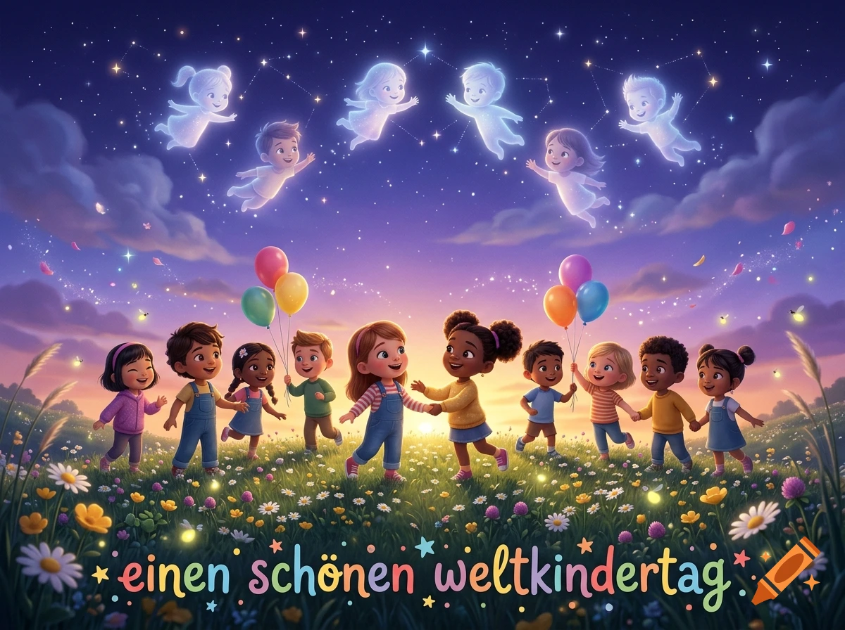 Disney Pixar style illustration of children playing in a flower meadow at twilight under a starry sky with glowing star children.