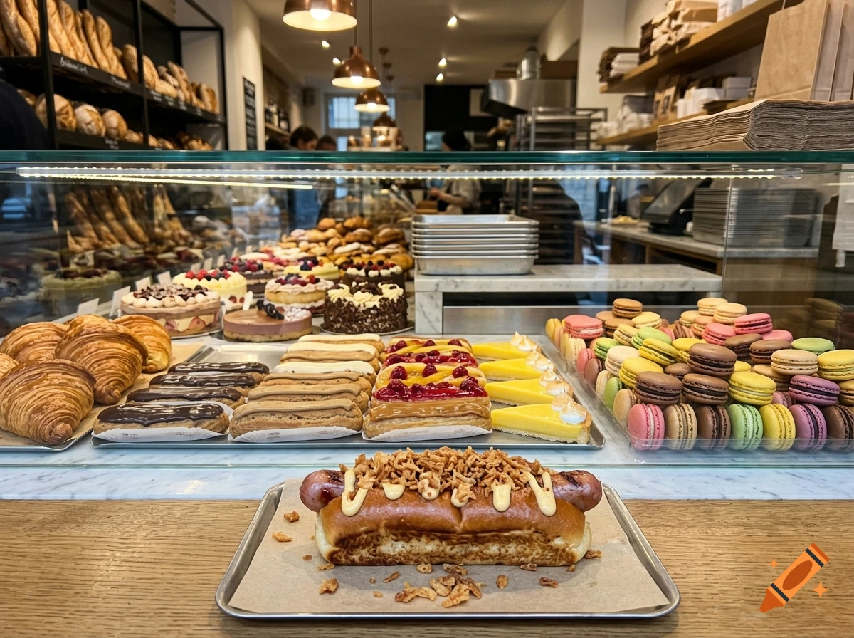 Photorealistic display case in a bakery filled with various croissants, eclairs, tarts, tortes, macarons, and a hot dog in the foreground.