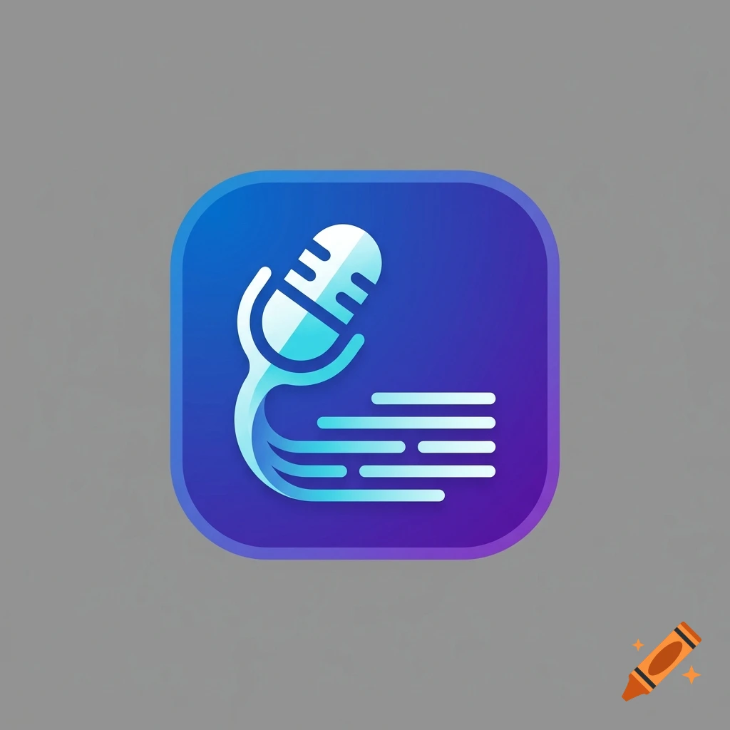 Modern 3D app icon with a sleek microphone morphing into digital lines on a blue and purple gradient background.
