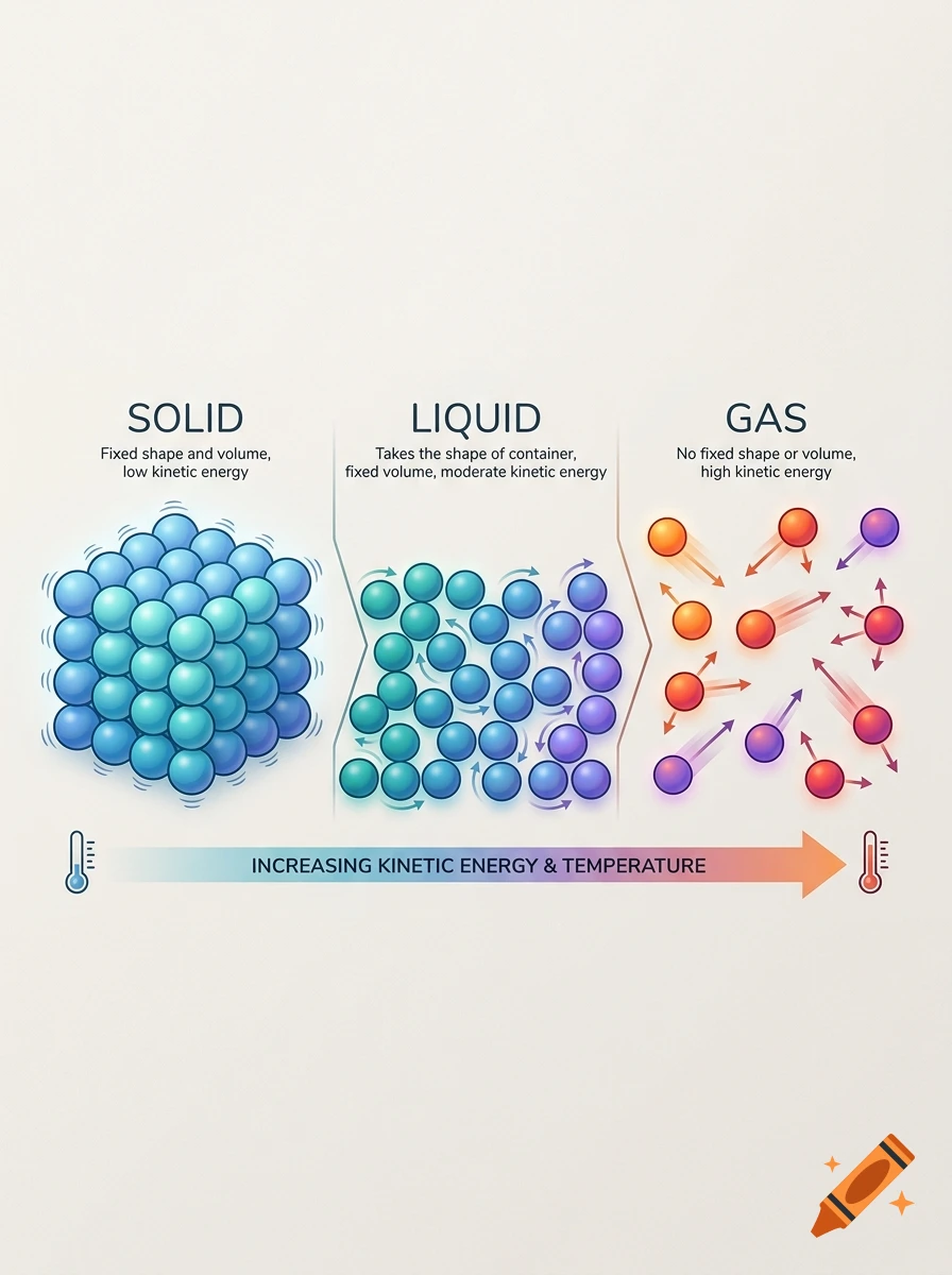 Educational diagram illustrating the particle model of matter for solid, liquid, and gas states with German labels.