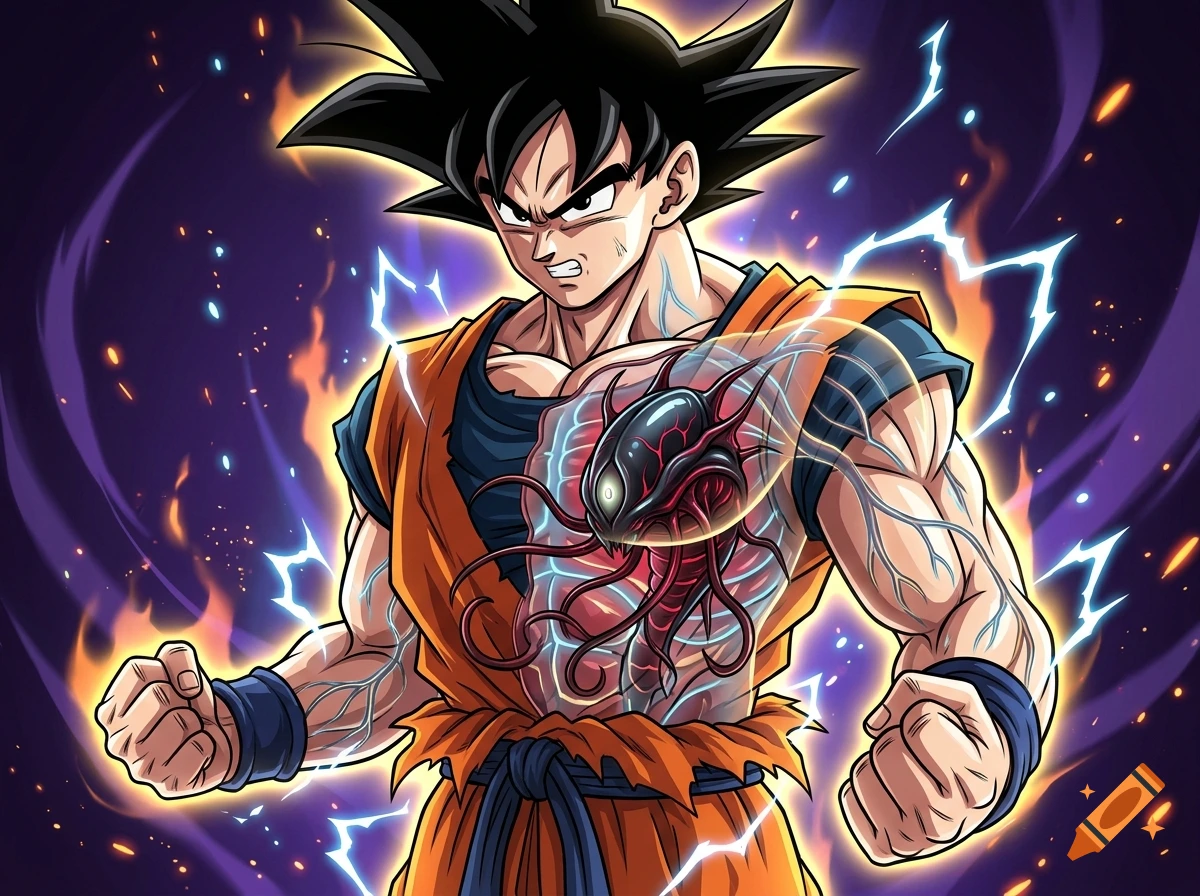 Anime style digital illustration of Goku with a glowing black parasitic alien creature embedded in his chest, surrounded by electrical energy.