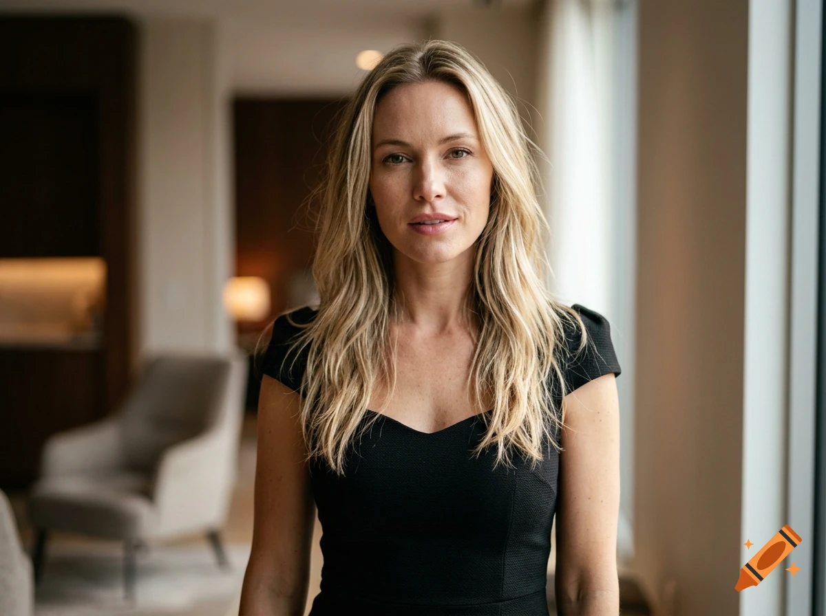 A portrait of a woman with long blonde hair wearing a black dress indoors.