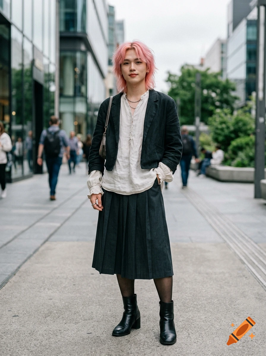 A person with bright pink hair stands on a city street, wearing a black jacket, white shirt, dark skirt, and black boots.