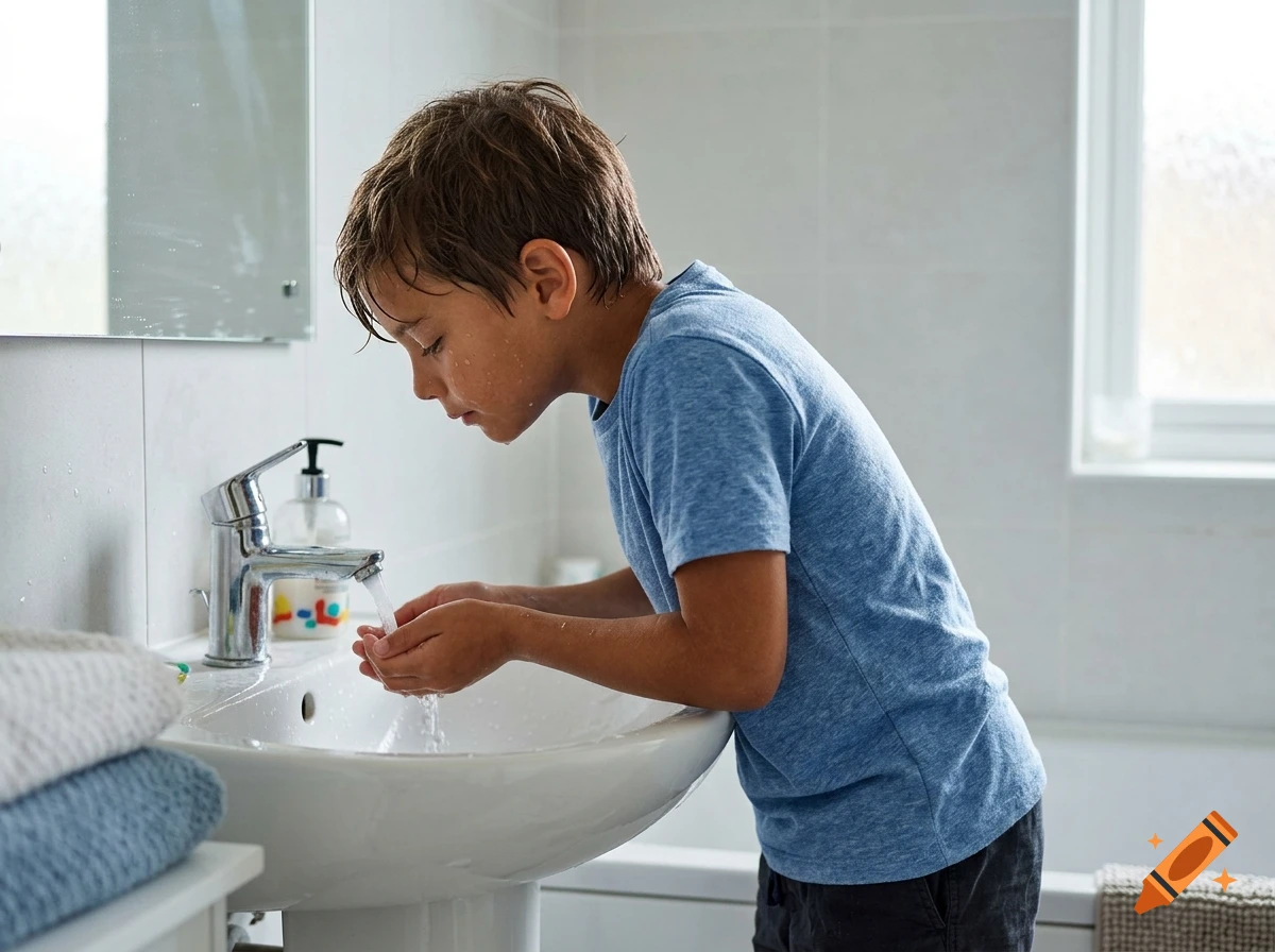 Photorealistic image of a young boy washing his face at a bathroom sink.
