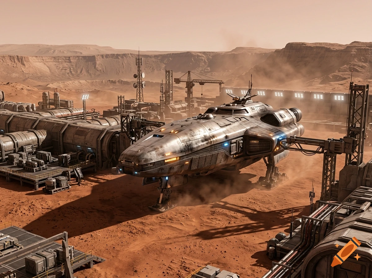 Photorealistic scene of a futuristic spaceship docked at a Martian base with red desert landscape and industrial buildings.