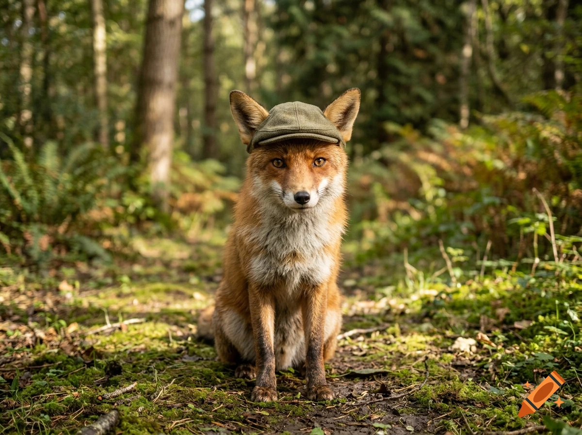 Photorealistic red fox wearing a small green cap, sitting on a path in a sunlit forest.