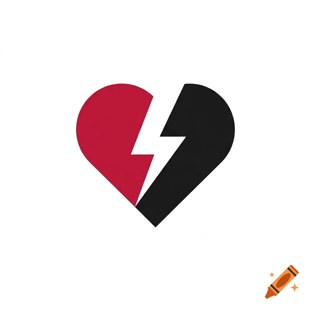 Minimalist graphic of a heart split by a white lightning bolt, left side crimson red, right side black on a white background.