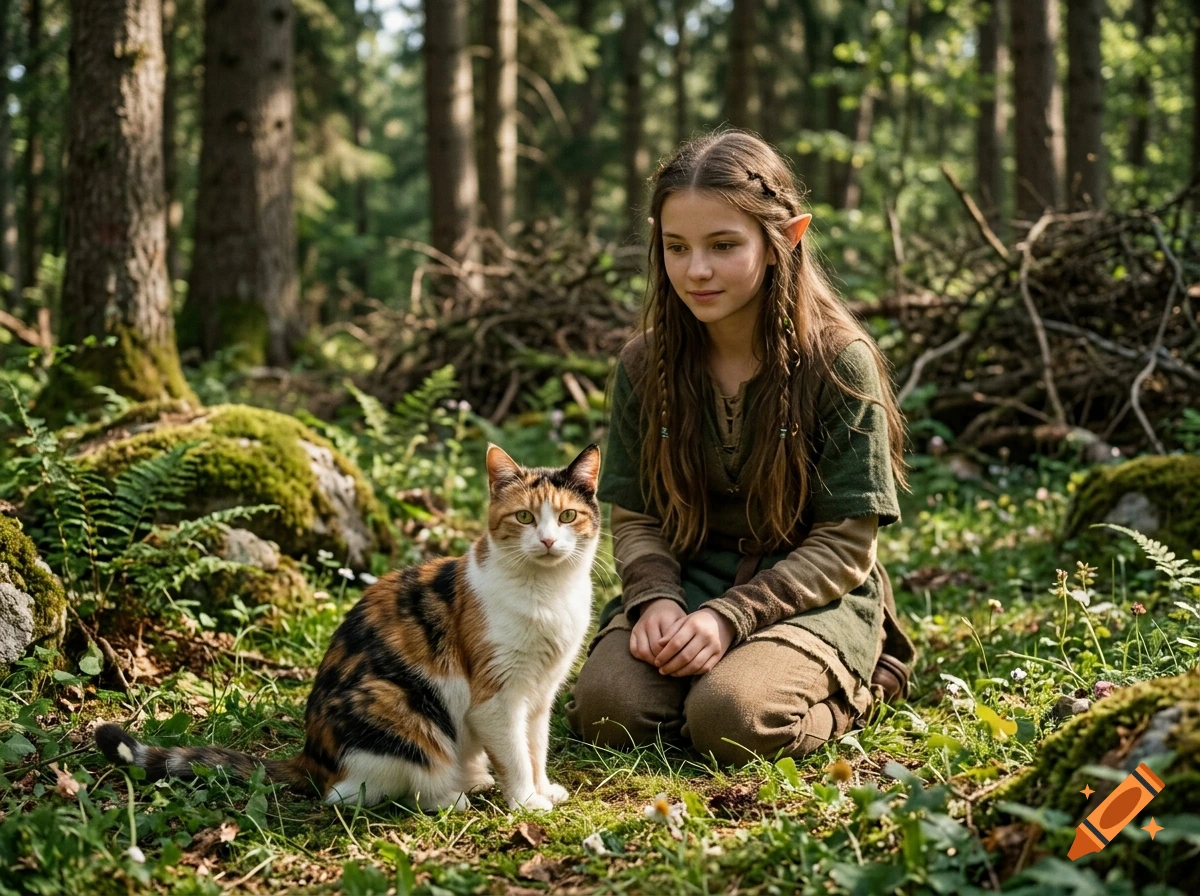 Photorealistic scene of a teenage elven girl with pointed ears kneeling next to a calico cat in a lush forest.