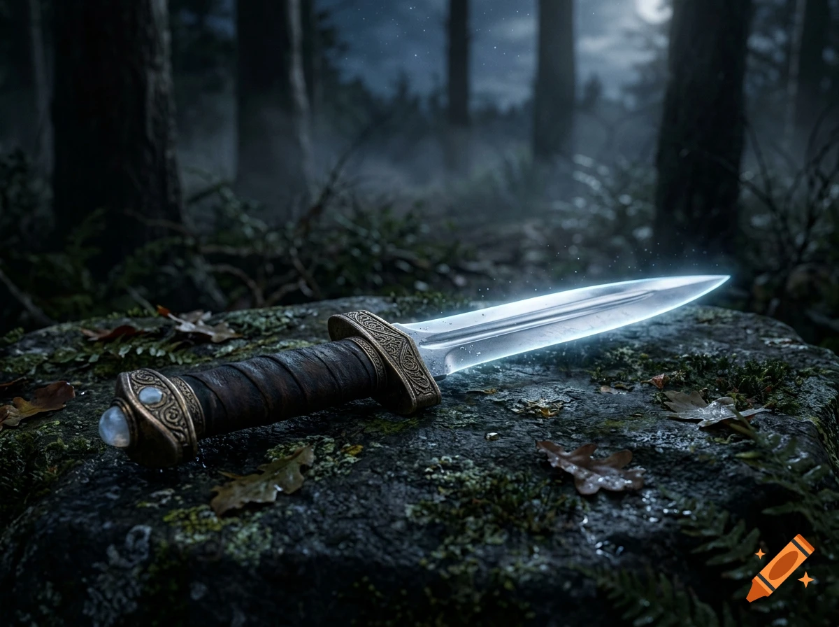 A glowing magical dagger resting on a mossy rock in a dark forest at night.