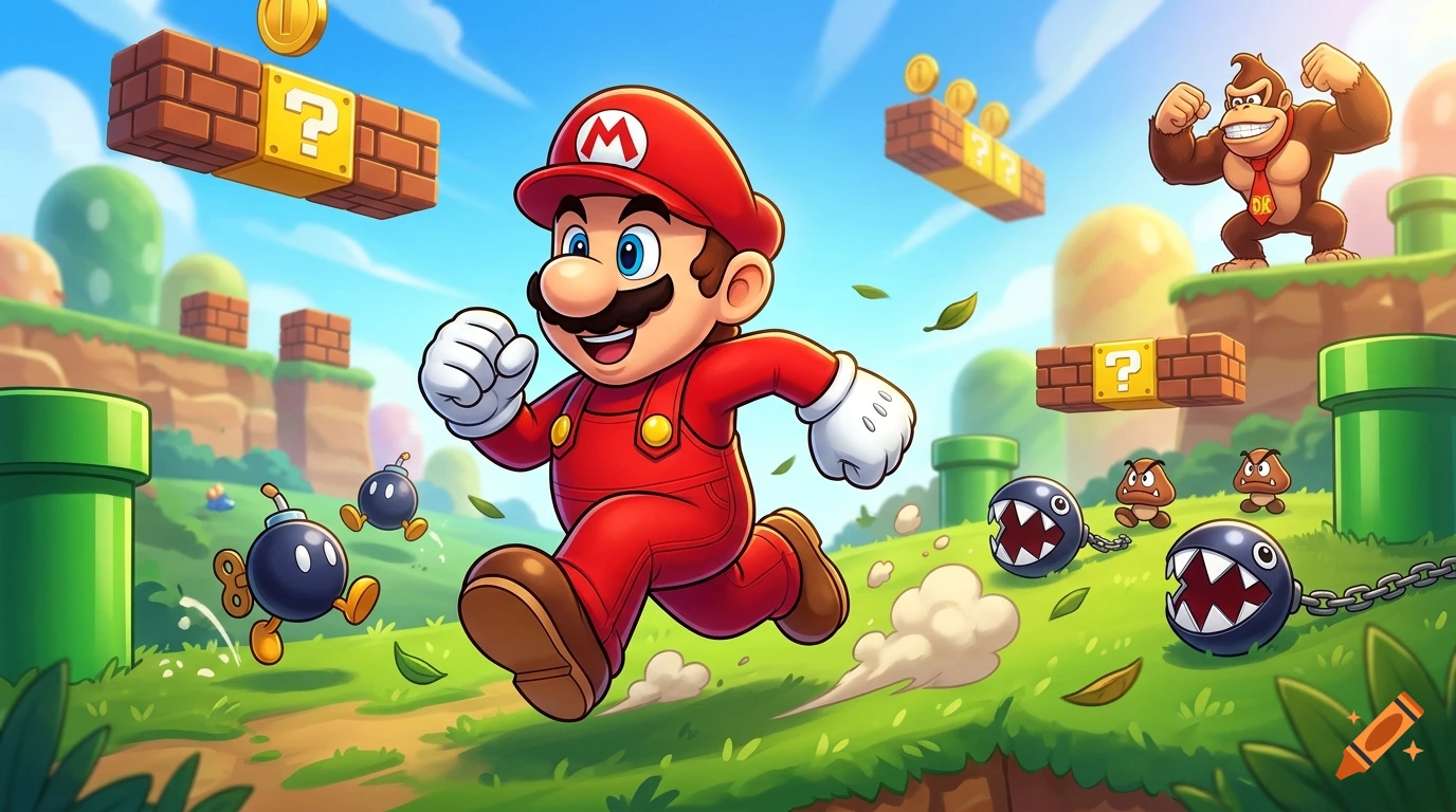 Digital illustration of a red-hatted character running through a vibrant video game landscape with enemies and floating platforms.