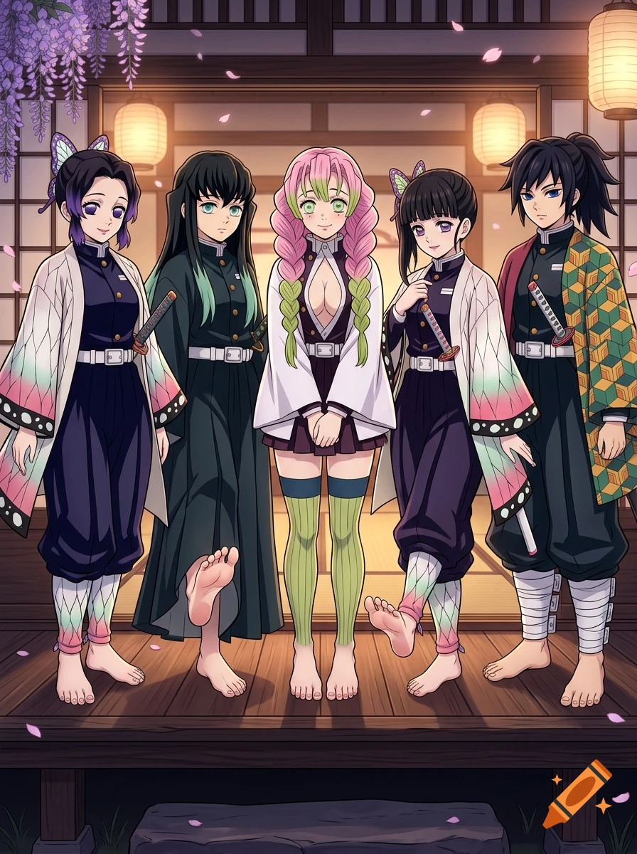Anime style illustration of Demon Slayer characters standing barefoot in a traditional Japanese room.