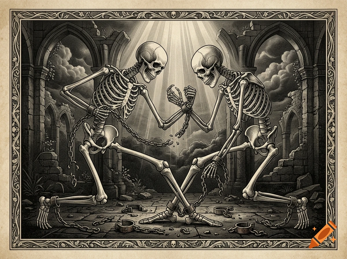 An engraving style illustration of two skeletons in a ruined stone archway, breaking each other's chains.