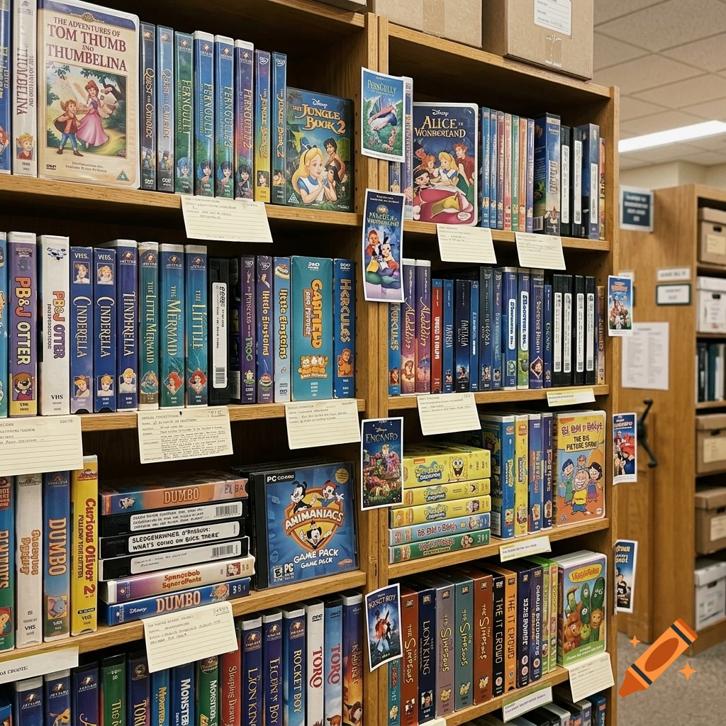 Wooden shelves stacked with numerous animated movie VHS tapes and DVD cases in a library.