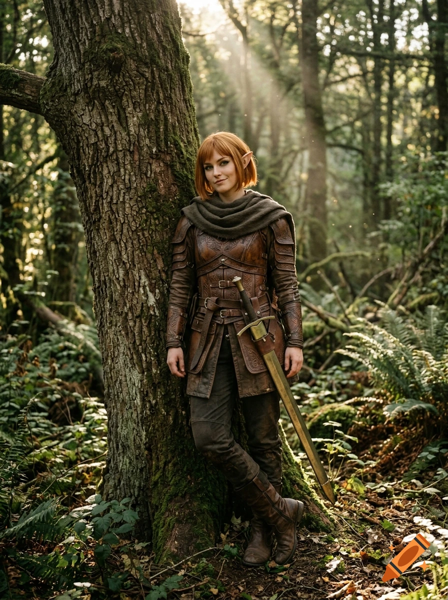 Photorealistic full body shot of a young elven woman with a ginger bob haircut and pointed ears, wearing leather medieval armor, leaning against an oak tree in an enchanted forest.