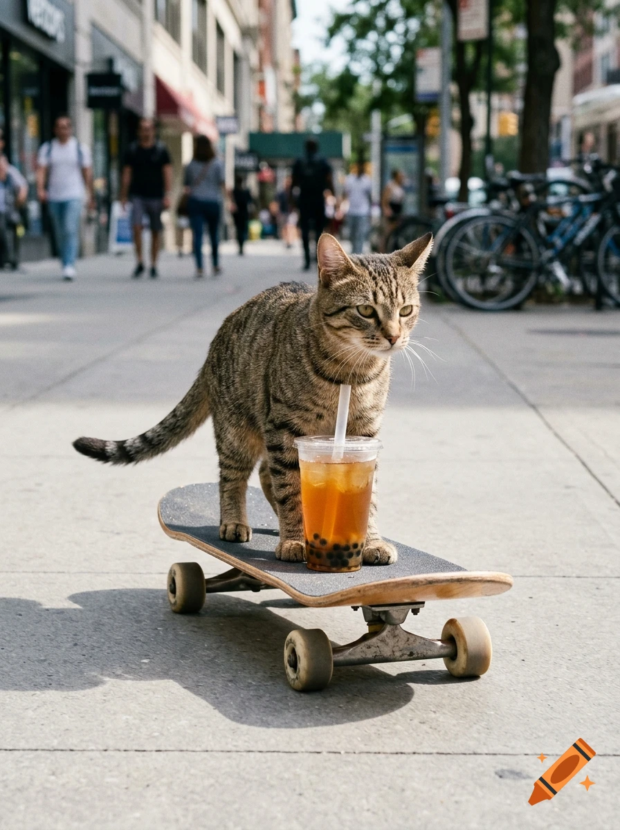 Photorealistic image of a tabby cat riding a skateboard on a city sidewalk while holding a bubble tea cup with a straw.