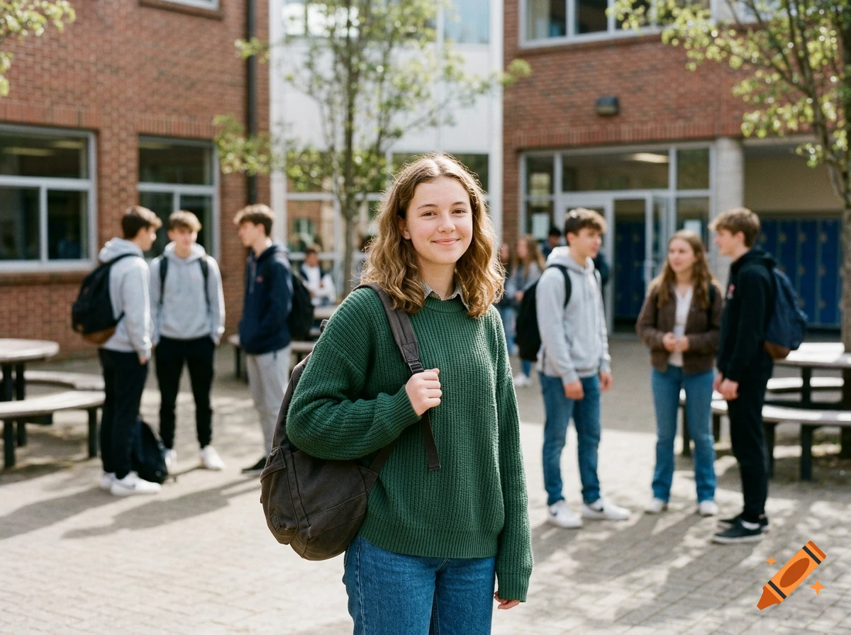 A smiling young woman wearing a green sweater and backpack stands outside a brick school building, with other students in the background.