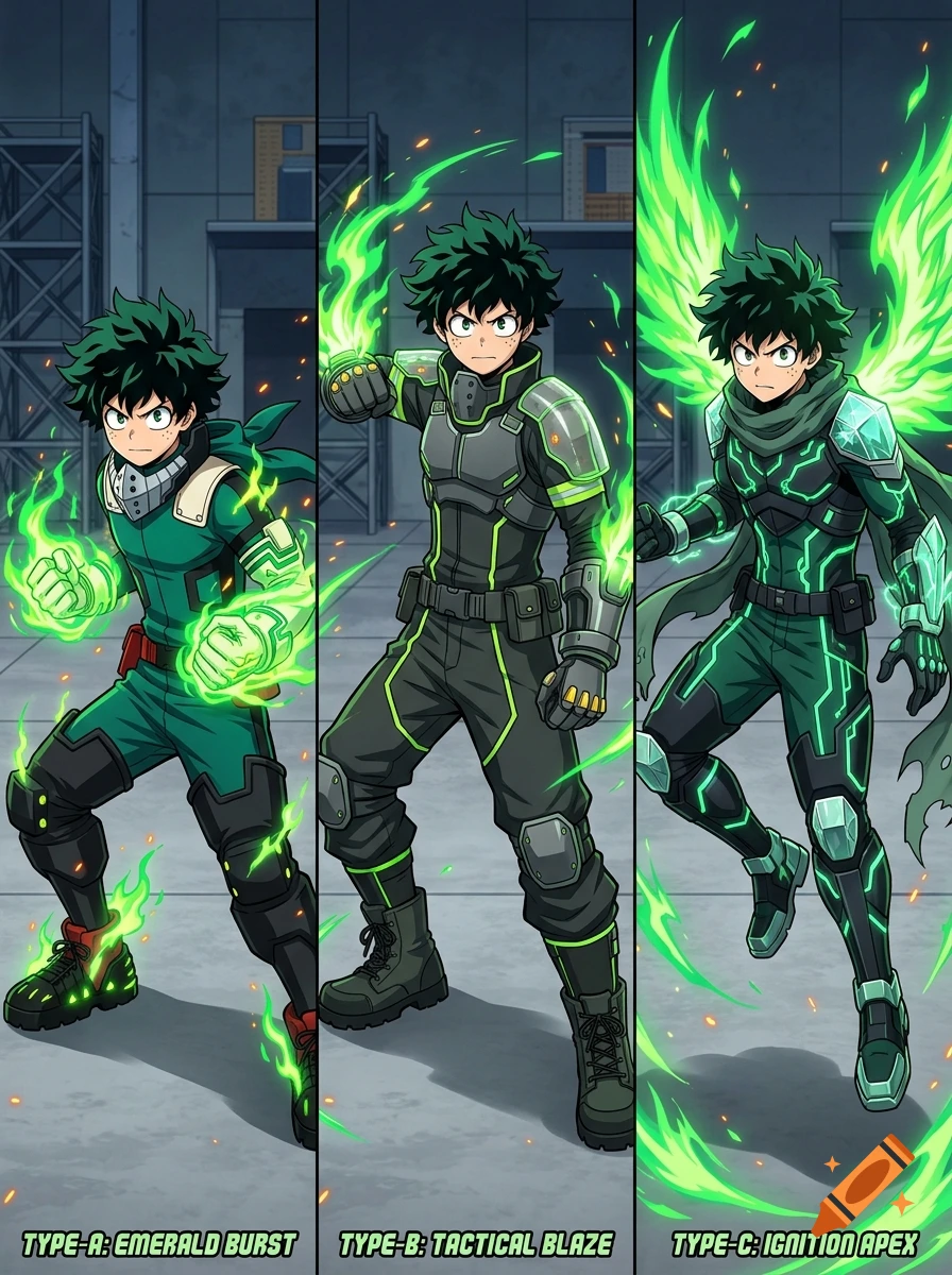 Anime style illustration showing three different costume designs for Deku with green fire manipulation quirks, labeled Type-A, Type-B, and Type-C.