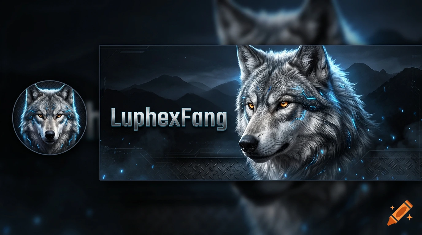 A digital graphic banner and avatar featuring a close-up portrait of a gray wolf with glowing yellow eyes against a dark mountain background, with the text "LuphexFang" on the banner.