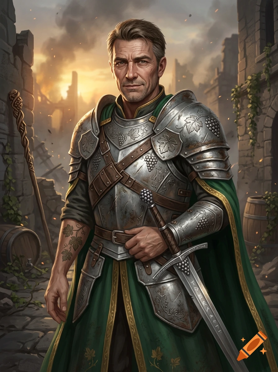 Digital illustration of a weathered male knight in silver plate armor with vine engravings and an emerald green cloak, standing in ruins.
